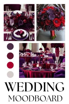 wedding mood board with red and purple flowers