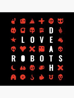 the words love and robots written in red on a black background with skulls, cats, and other symbols