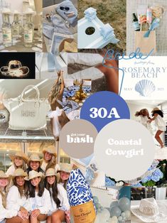 a collage of photos with the words coastal cowgirl written in white and blue