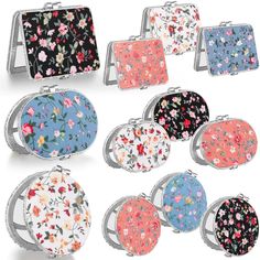 six flowered purses are shown in different colors