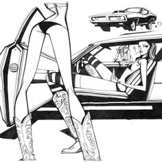 a drawing of two women sitting in the back seat of a car, one with her legs crossed