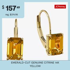 Brighten up any outfit with these classic leverback earrings, featuring genuine citrine set in 14k yellow gold.Metal: 14K yellow goldStones: 7x5mm emerald-cut heat-treated genuine citrineSetting: ProngBack: LeverbackDimensions: 5x16mmCare: Wipe CleanCountry of Origin: Imported Gemstones may be treated and may require special care. Jewelry photos are enlarged to show detail. Disclaimer: Metal may be rhodium plated to enhance appearance and reduce tarnishing. Jewelry Photos, Citrine Earrings, Leverback Earrings, Earrings Drop, Emerald Cut, Photo Jewelry, Color Orange, Rhodium Plated, Citrine