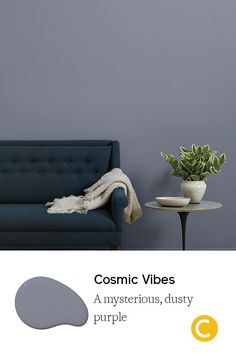 a living room with grey walls and a blue couch