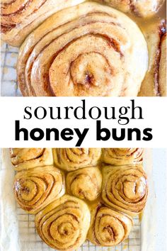 some cinnamon buns on a cooling rack with the words sourdough honey buns