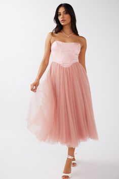 Rosemary Tulle Bustier Midi Dress Pink by Selfie Leslie Dress Big Bust, Dresses For Big Bust, Bustier Midi Dress, Midi Dress Pink, Princess Vibes, Tulle Midi Dress, Selfie Leslie, Mesh Midi Dress, Pleated Neckline