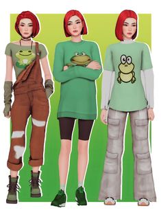 three women standing next to each other wearing frog t - shirts and overalls on green background