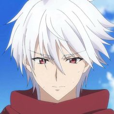 an anime character with white hair and red eyes looks at the camera while standing in front of a blue sky