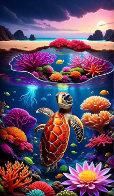 a painting of a turtle swimming in the ocean surrounded by corals and seaweed