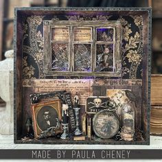 an altered photograph with some pictures and other items in it, including a window that says made by paulachey