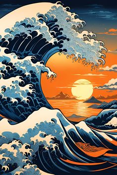 an image of the great wave at sunset