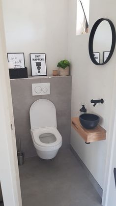 a white toilet sitting in a bathroom next to a sink under a mirror and potted plant