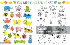 children's fingerprint art with colorful bugs and caters