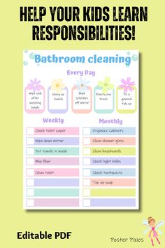 a printable bathroom cleaning checklist with the words help your kids learn responishments