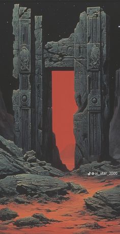 an image of a doorway in the desert with red light coming from it's entrance