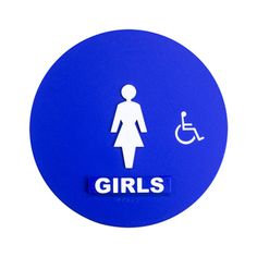 a blue button with the words girls and a woman in a wheelchair sign on it