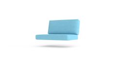 a blue chair sitting on top of a white floor