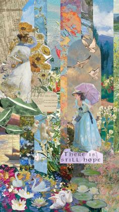 there is a collage of pictures with flowers and birds on it, including a woman holding an umbrella