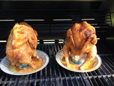 two cooked chickens sitting on plates in an oven