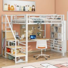 a white loft bed with desk underneath it