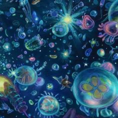 an artistic painting of jellyfish and other marine creatures in blue water with bubbles floating around