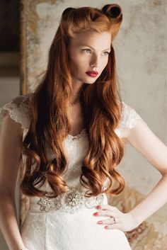 25 Ridiculously Beautiful and Romantic Bridal Updos Romantic Bridal Updos, Hair Colorful, Victory Rolls, Rockabilly Hair, Vintage Wedding Hair, Wedding Dresses 2014, Long Red Hair, Bridal Updo, Long Red