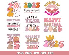 happy new year svg clipart set with numbers, kisses and crowns for your design