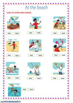 an activity sheet for kids to learn how to read the beach words and pictures in english