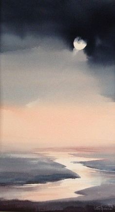 an abstract painting with dark clouds and the moon in the sky over water at dusk