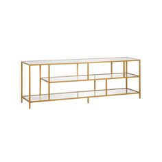 a gold metal and glass shelf with shelves on each side, against a white background