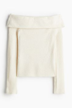 Fitted  off-the-shoulder sweater in a soft rib knit. Wide  foldover upper edge  long raglan sleeves  and a fully-fashioned section at front. Off The Shoulder Jumper, Cream Jumper, Neutral Sweaters, Off Shoulder Sweater, Cashmere Turtleneck, Fall Sweaters, Shoulder Sweater, Cardigans For Women, World Of Fashion