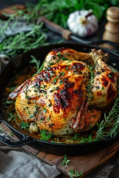 Roast chicken seasoned with herbs in a cast iron skillet, garnished with fresh rosemary and thyme. Roasted Chicken And Mashed Potatoes, Wedding Chicken Dinner, Roasted Potatoes And Chicken, Roast Chicken And Potatoes, Herb Chicken Recipes, Roast Chicken Recipe, Carrots Potatoes, Christmas Chicken, Garlic Herb Butter