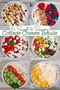 six different types of salads in bowls with the words sweet and savory cottage cheese bowls