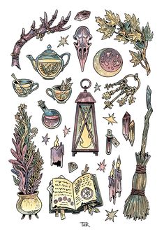 an illustration of various items that are in the shape of a circle, including books and candles