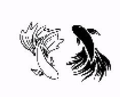 two black and white fish are next to each other on a white background, one is in the shape of a flower