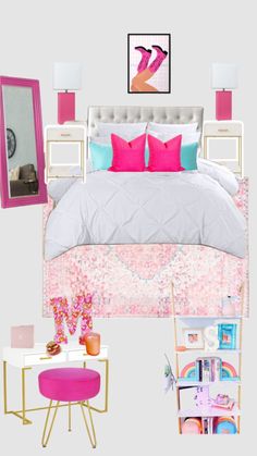 the bedroom is decorated in pink and white