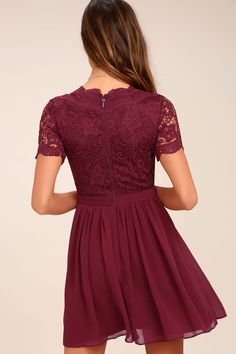 Lovely Burgundy Dress - Lace Dress - Lace Skater Dress - Lulus Disguise Outfit, Cute Graduation Dresses, High School Graduation Dress, Plus Size Wedding Guest Outfits, Women Club Dresses, Grad Dresses Short, White Dresses Graduation, Bride Dress Lace, Lace Burgundy Dress