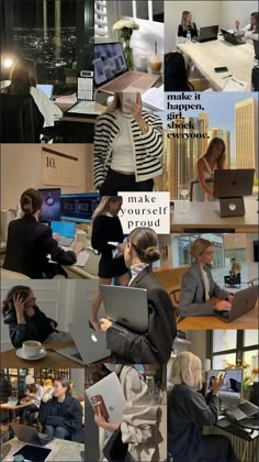 the collage shows people working on their laptops and talking to each other in an office