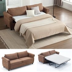 a couch bed with a pull out table underneath it and another sofa bed in the background