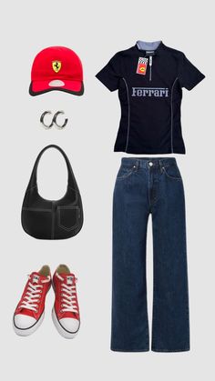 #outfitinspo #sporty #vibes #ferrari #red #cool #simple Ferrari Girl Aesthetic, Formula 1 Outfit, Ferrari Girl, Race Day Outfits, Ferrari Red, Aesthetic Cool, Soccer Outfits, Downtown Outfits, Outfit Formulas