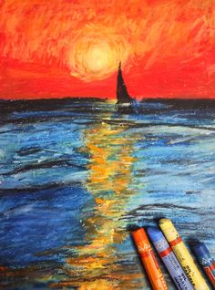 Sunset oil pastel  painting Simple Oil Pastel Painting For Beginners, Impressionist Oil Pastel, Impressionism Art Easy Oil Pastel, Oil Pastel Artwork Ideas, Oil Pastel Inspiration, Pastel Painting Ideas Easy, Oil Pastel Nature, Oil Pastel Art For Beginners Step By Step Easy, Simple Oil Pastel Art