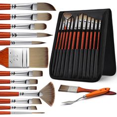 an assortment of paint brushes in a case