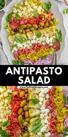 two plates with different types of salads on them and the words antipasto salad in