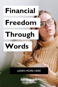 a woman in glasses reading a book with the words financial freedom through words above her