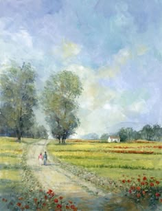 an oil painting of two people walking down a dirt road in the middle of a field