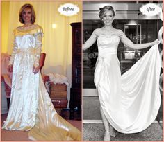 two pictures of women in dresses and one is wearing a gown