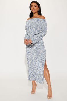 Samantha Sweater Maxi Dress - Blue/combo | Fashion Nova Dress Off Shoulder Long, Blue Knit Dress, Sweater Maxi Dress, Dress Off Shoulder, Sweater Jumpsuit, Detailed Sweater, Maxi Dress Blue, Matching Dresses, Dress Blue