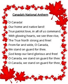 the canadian national anthem with red maple leaves on it and an image of canada's national