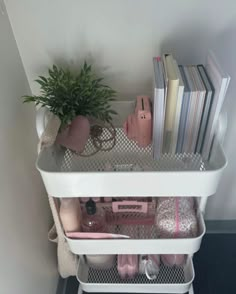 a white shelf filled with lots of books and other items next to a potted plant