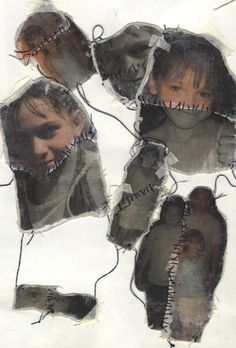 an image of some torn up pieces of paper with people in them and one child looking at the camera