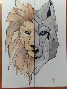 two drawings of lions with blue eyes and one is made out of colored paper, the other has geometric shapes